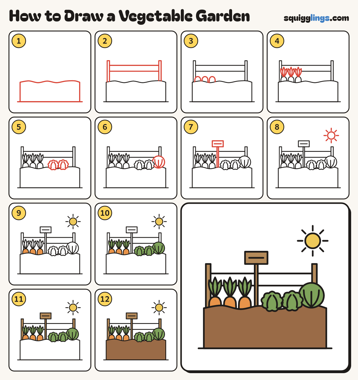 How to Draw a Vegetable Garden step by step: all 12 steps in one picture
