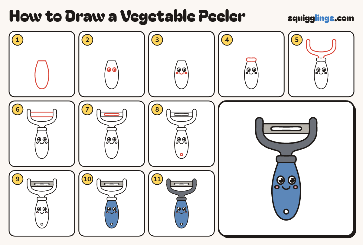 How to Draw a Vegetable Peeler step by step: all 11 steps in one picture