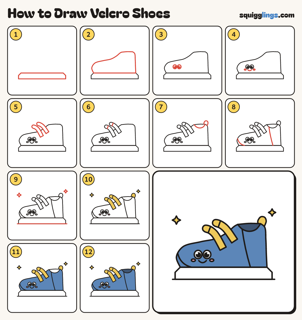 How to Draw Velcro Shoes step by step: all 12 steps in one picture