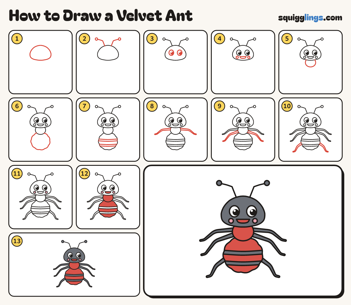 How to Draw a Velvet Ant step by step: all 13 steps in one picture