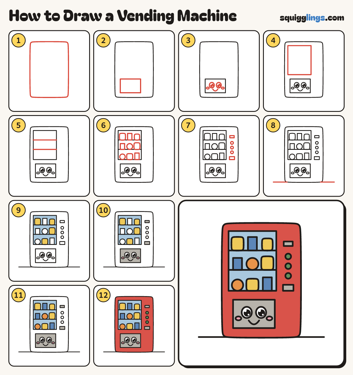 How to Draw a Vending Machine step by step: all 12 steps in one picture