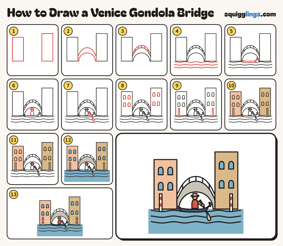 How to Draw a Venice Gondola Bridge step by step: all 13 steps in one picture