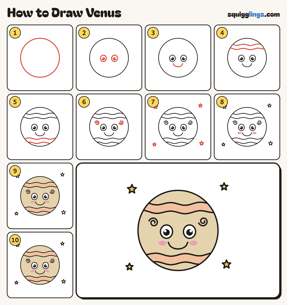 How to Draw Venus step by step: all 10 steps in one picture
