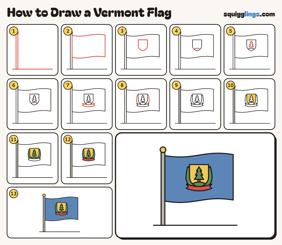 How to Draw a Vermont Flag step by step: all 13 steps in one picture