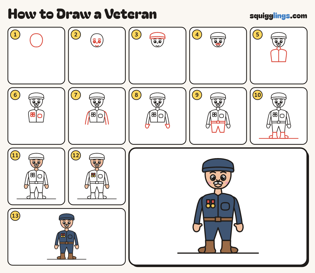 How to Draw a Veteran step by step: all 13 steps in one picture