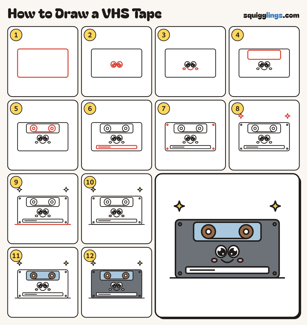 How to Draw a VHS Tape step by step: all 12 steps in one picture