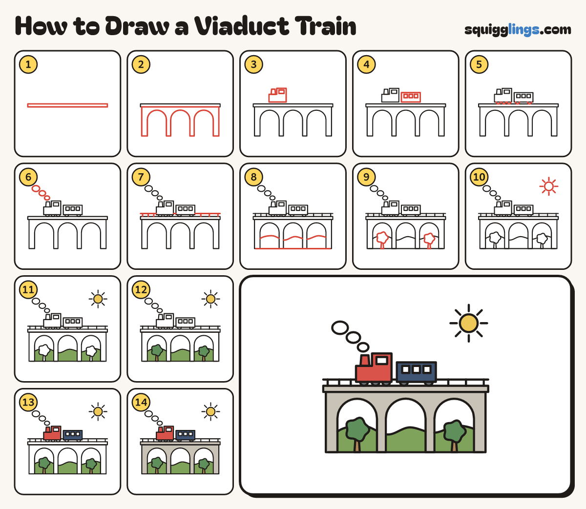 How to Draw a Viaduct Train step by step: all 14 steps in one picture