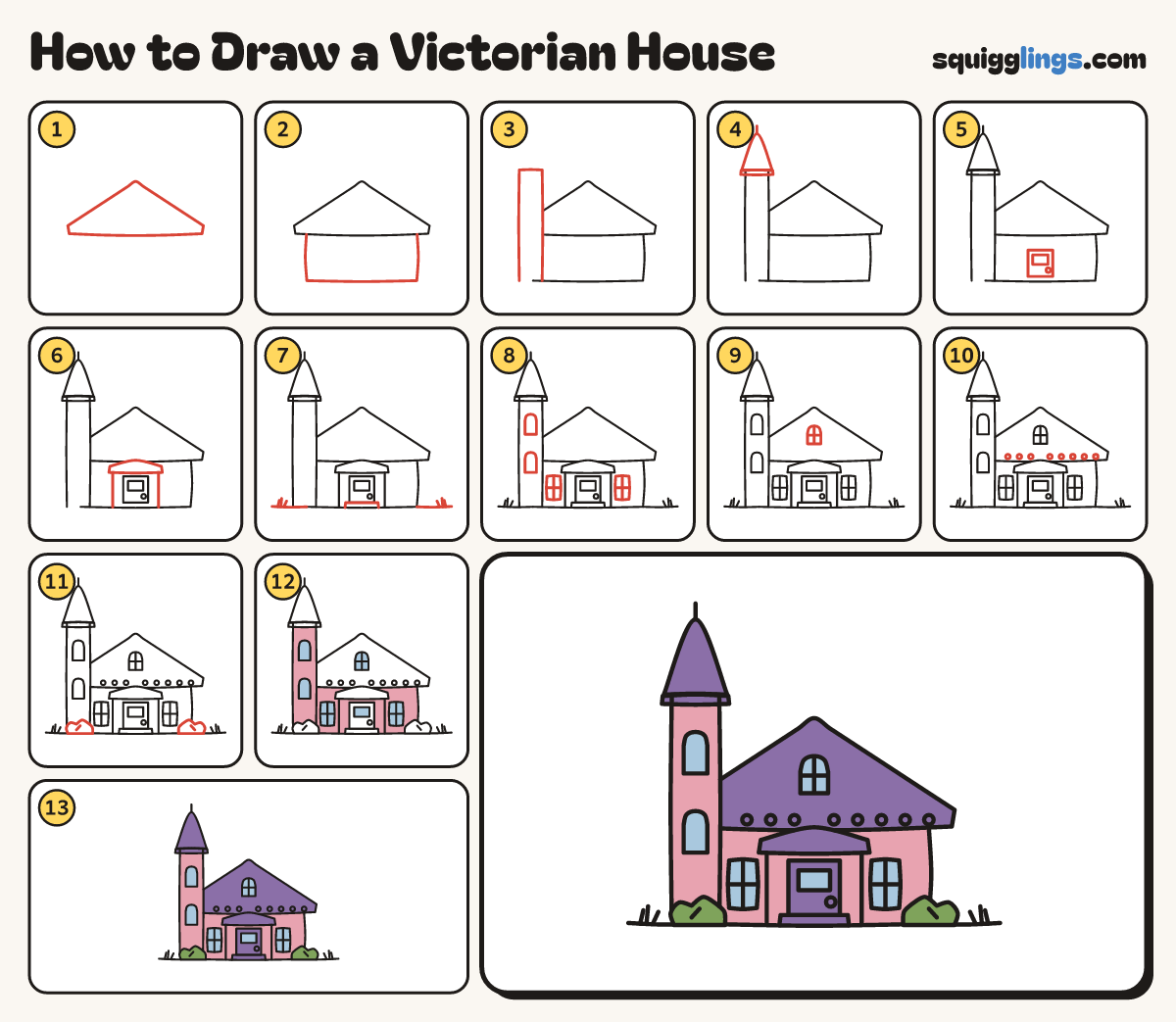 How to Draw a Victorian House step by step: all 13 steps in one picture