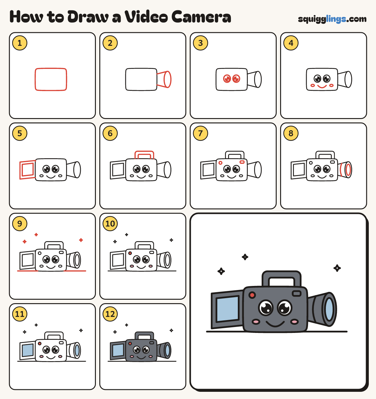 How to Draw a Video Camera step by step: all 12 steps in one picture