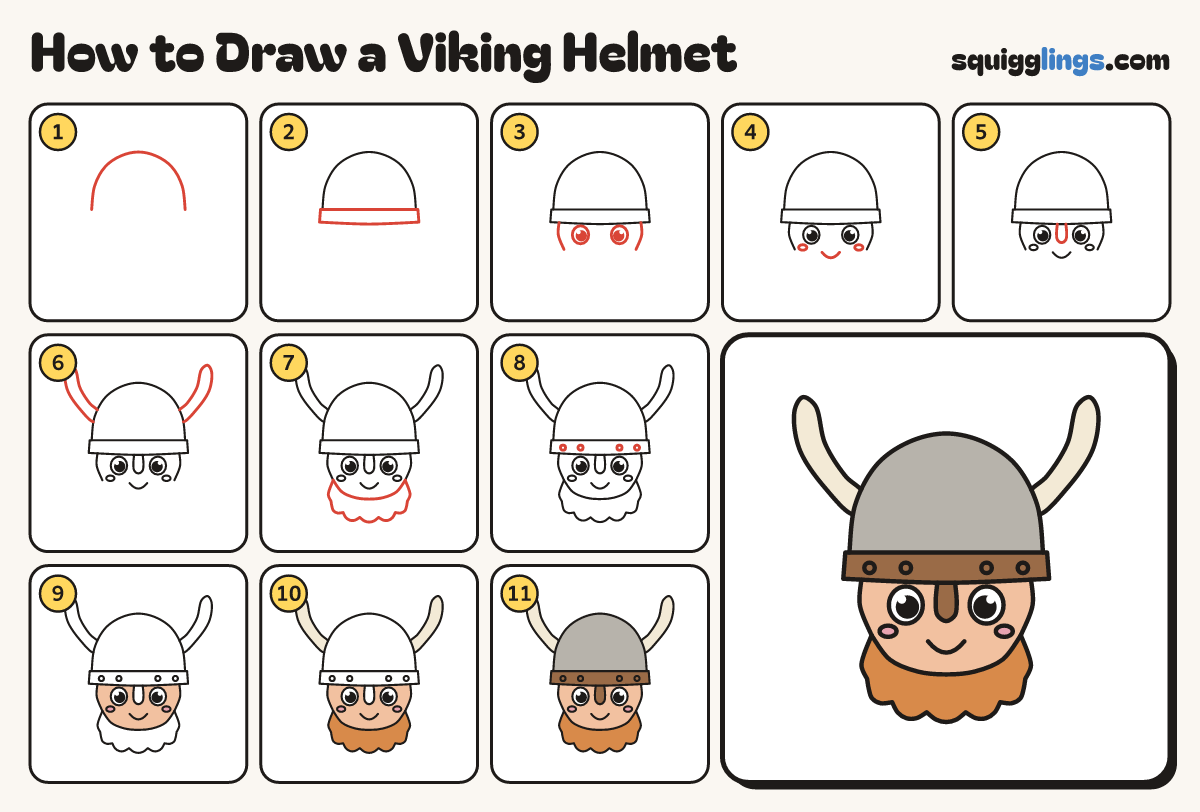 How to Draw a Viking Helmet step by step: all 11 steps in one picture