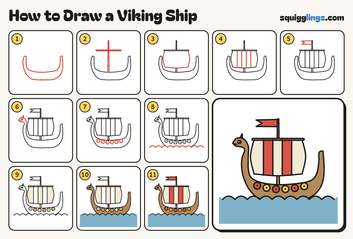 How to Draw a Viking Ship step by step: all 11 steps in one picture