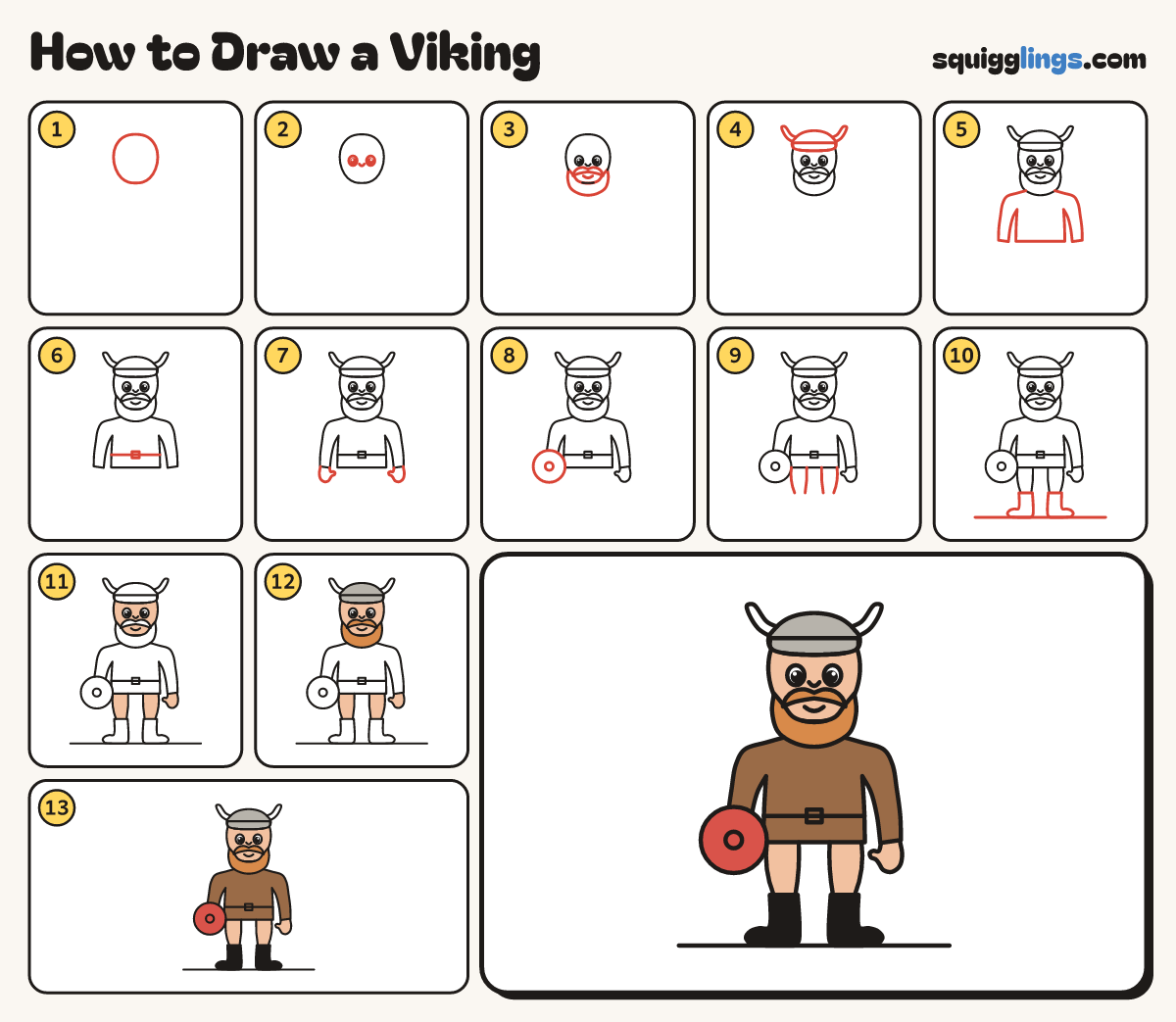 How to Draw a Viking step by step: all 13 steps in one picture