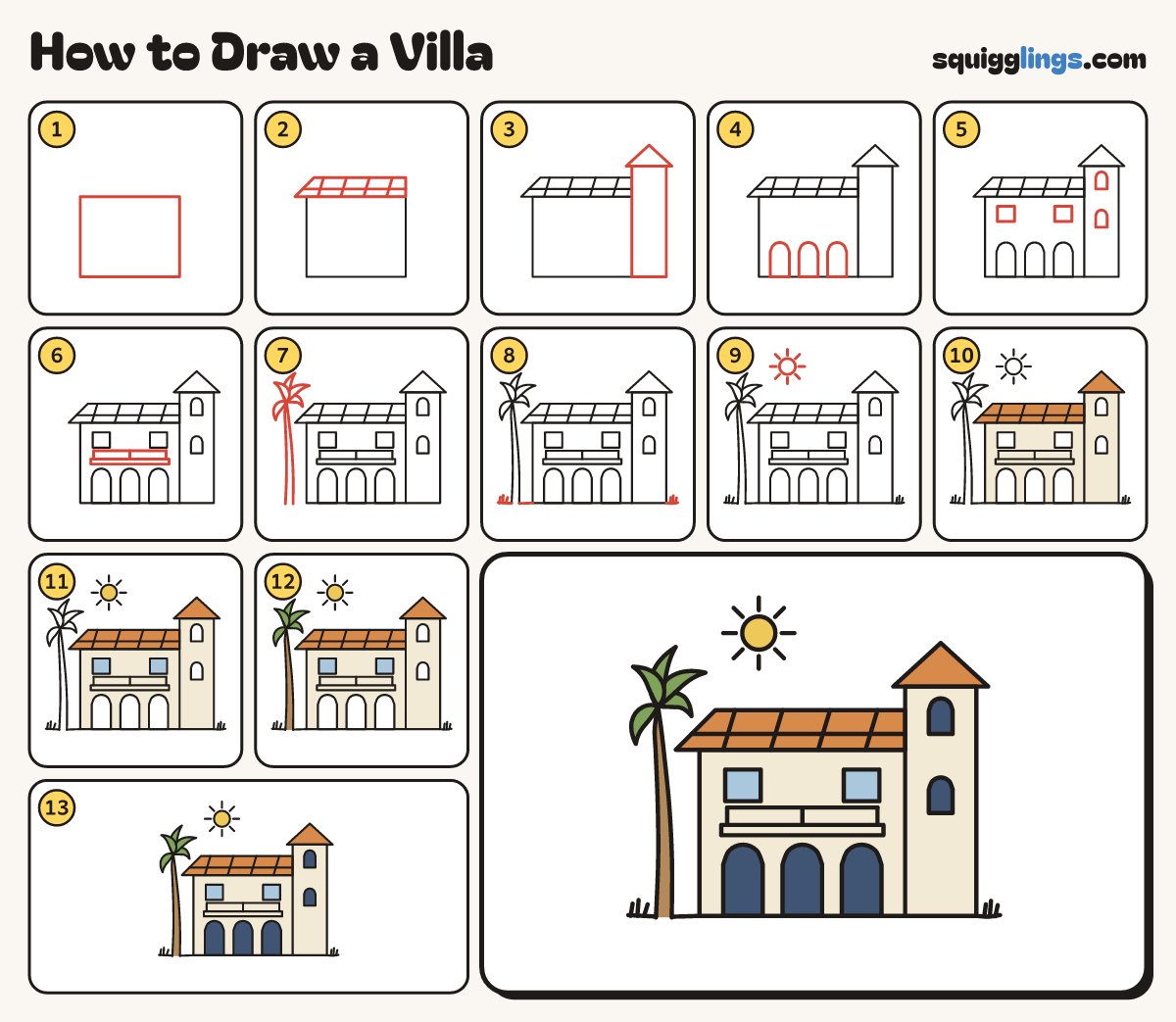How to Draw a Villa step by step: all 13 steps in one picture