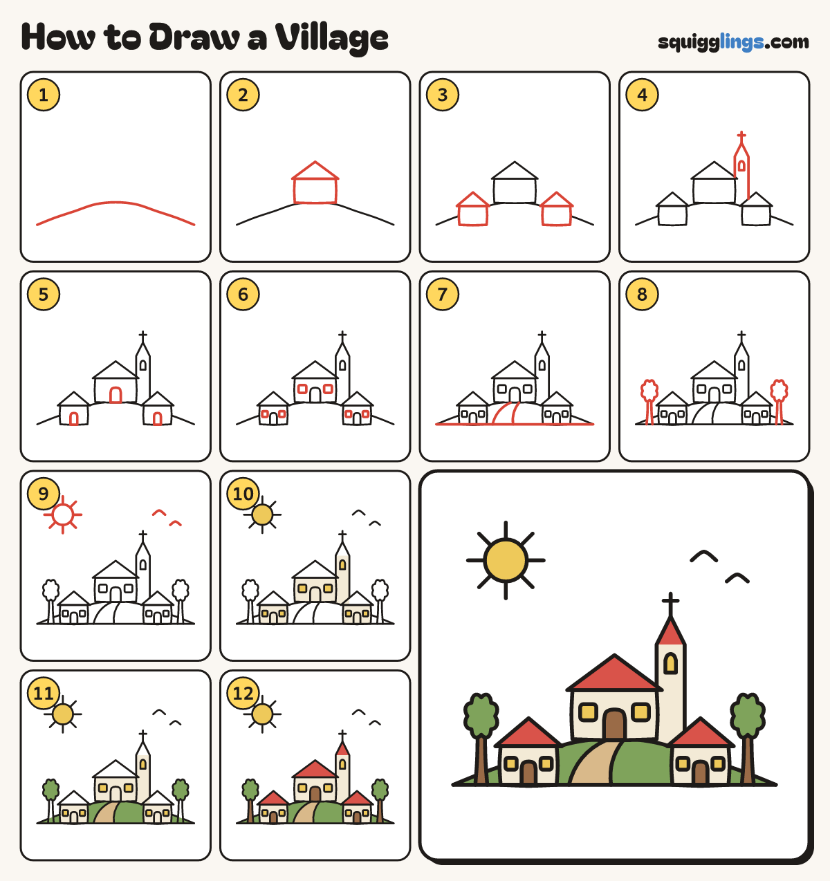 How to Draw a Village step by step: all 12 steps in one picture