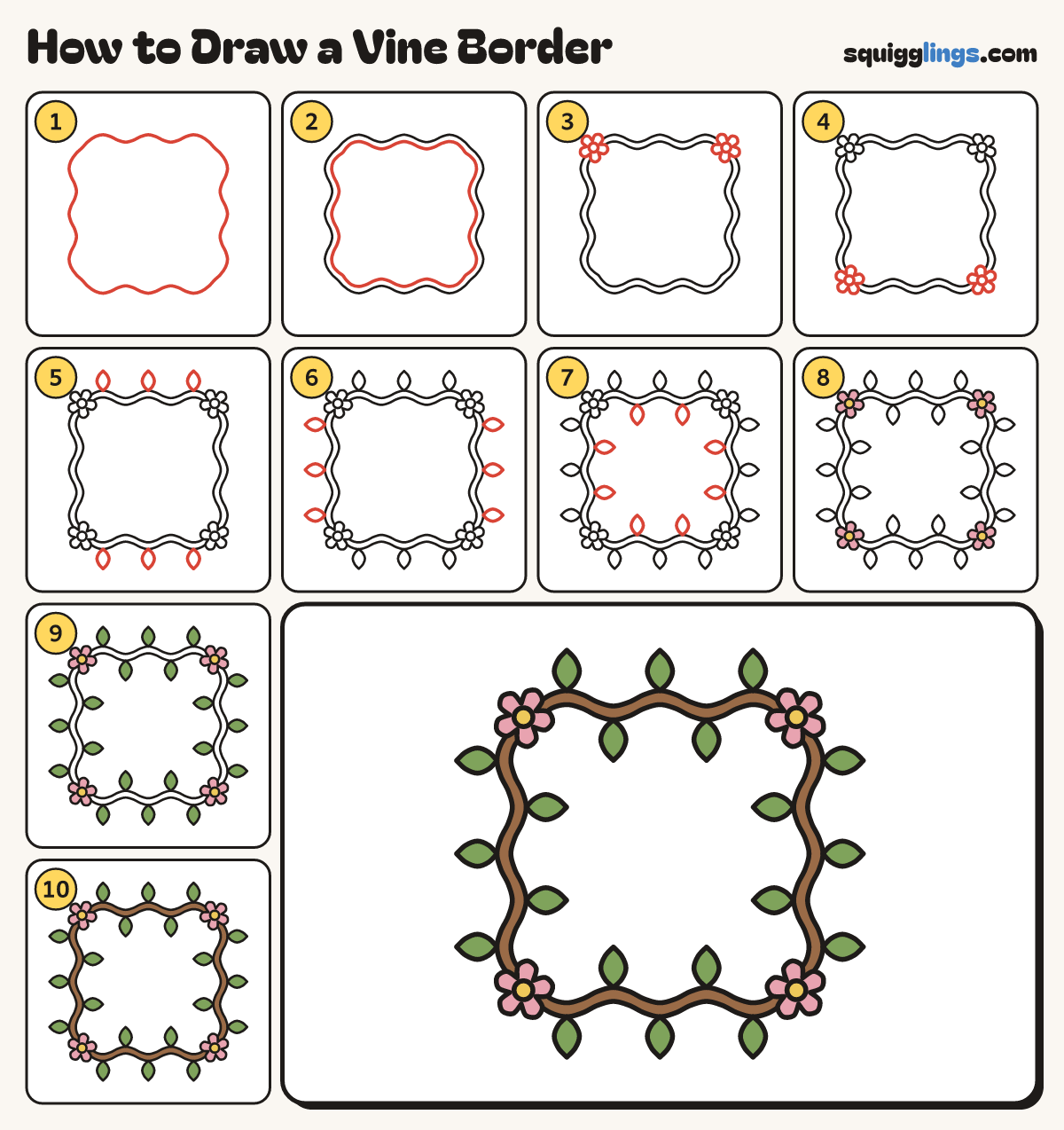 How to Draw a Vine Border step by step: all 10 steps in one picture