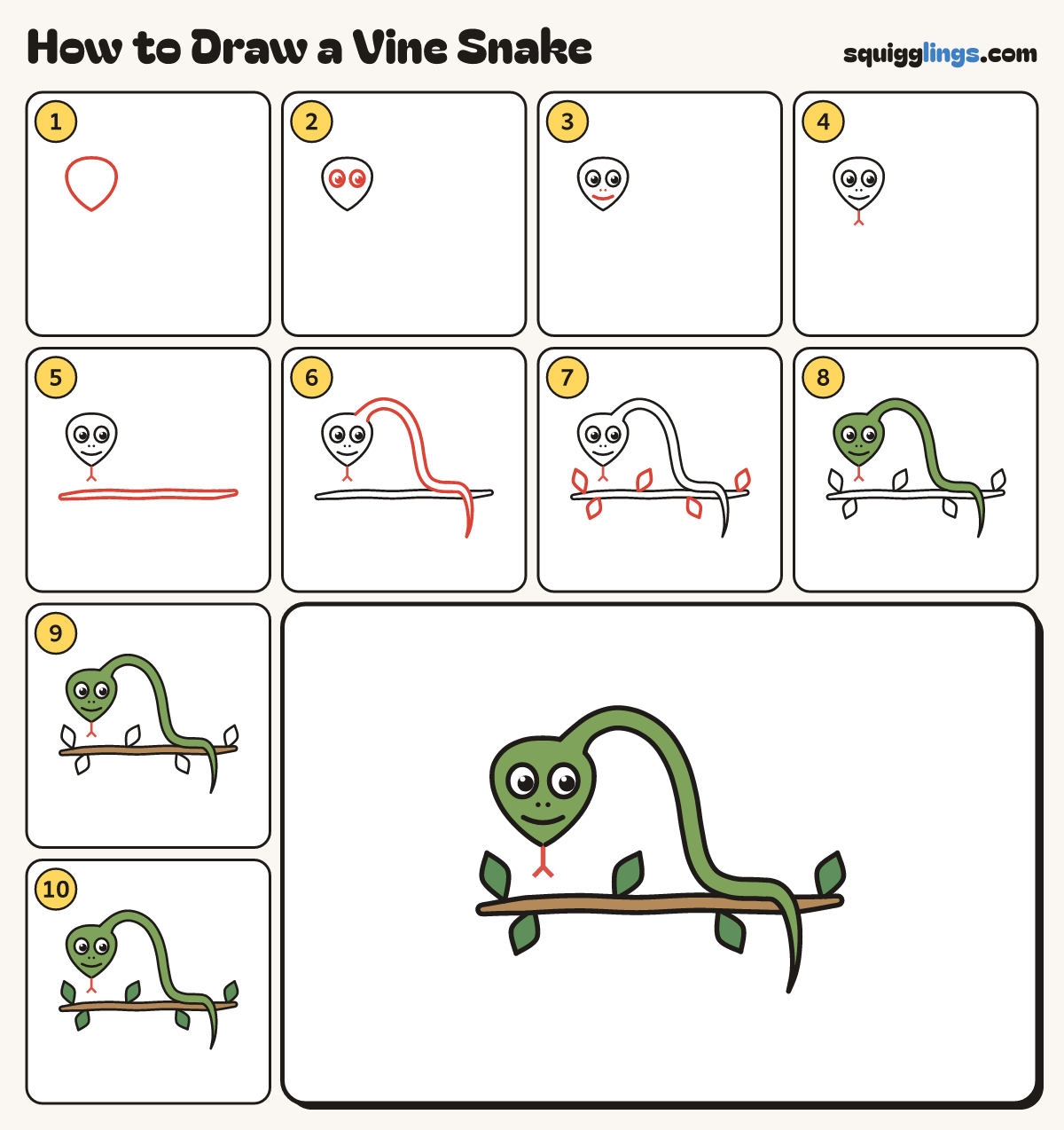 How to Draw a Vine Snake step by step: all 10 steps in one picture