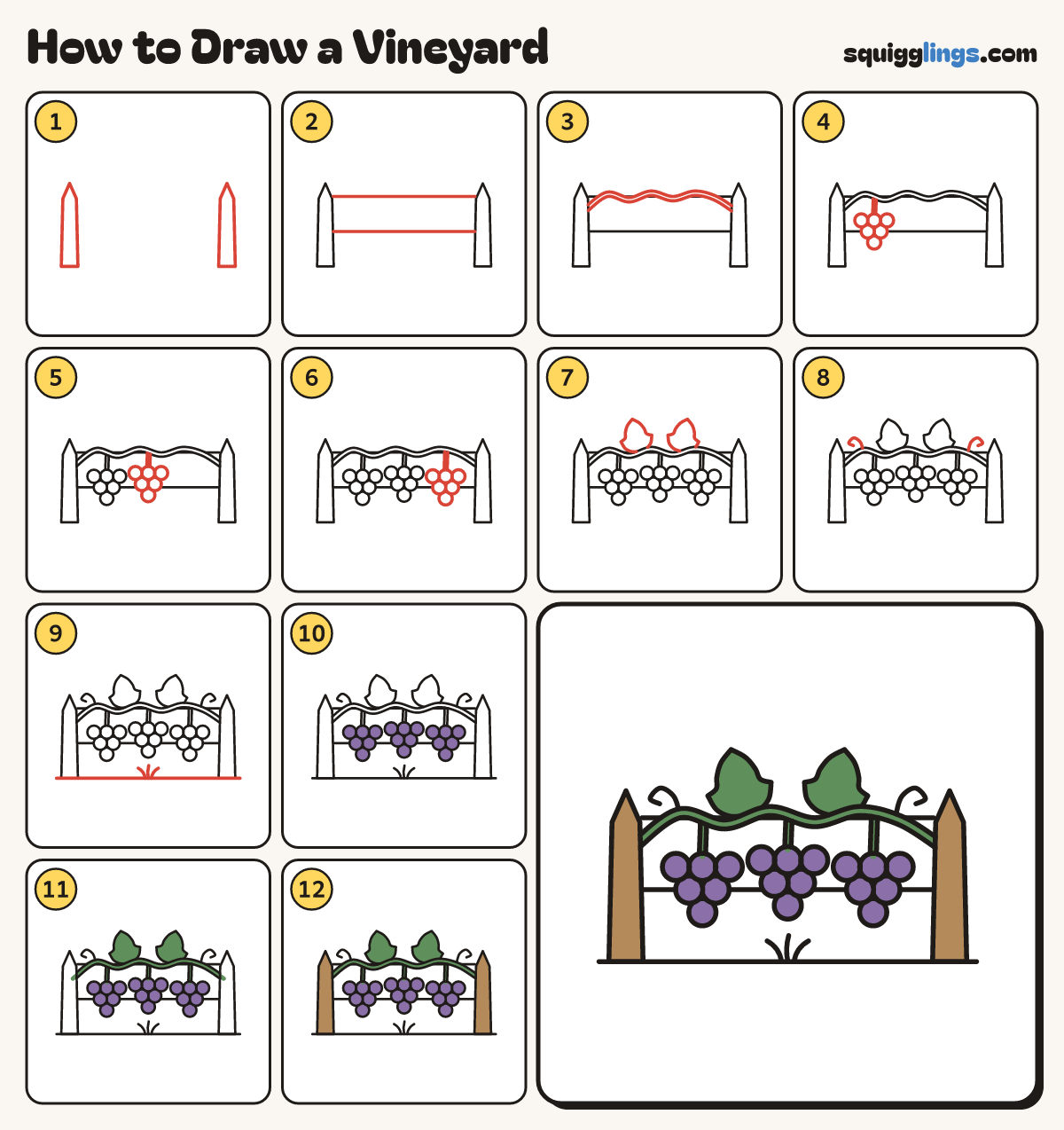 How to Draw a Vineyard step by step: all 12 steps in one picture
