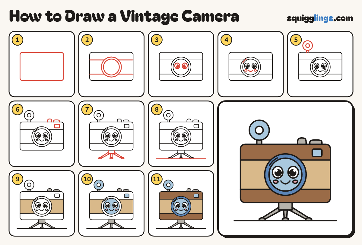 How to Draw a Vintage Camera step by step: all 11 steps in one picture