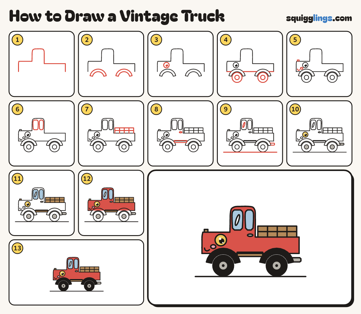 How to Draw a Vintage Truck step by step: all 13 steps in one picture