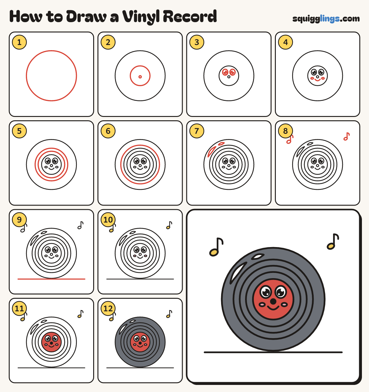 How to Draw a Vinyl Record step by step: all 12 steps in one picture