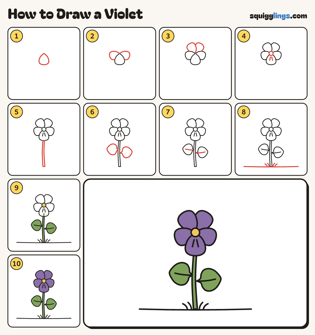 How to Draw a Violet step by step: all 10 steps in one picture