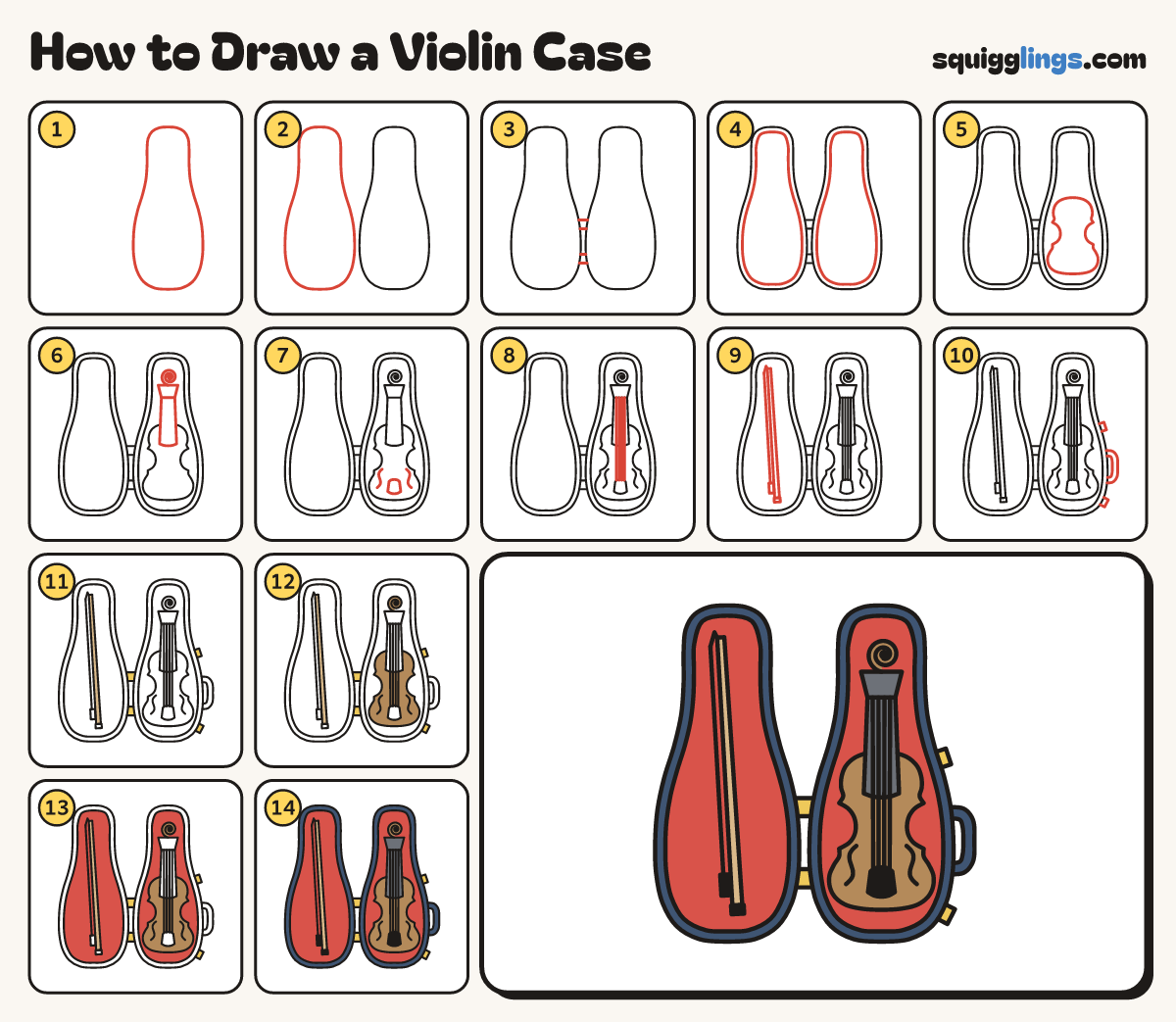 How to Draw a Violin Case step by step: all 14 steps in one picture