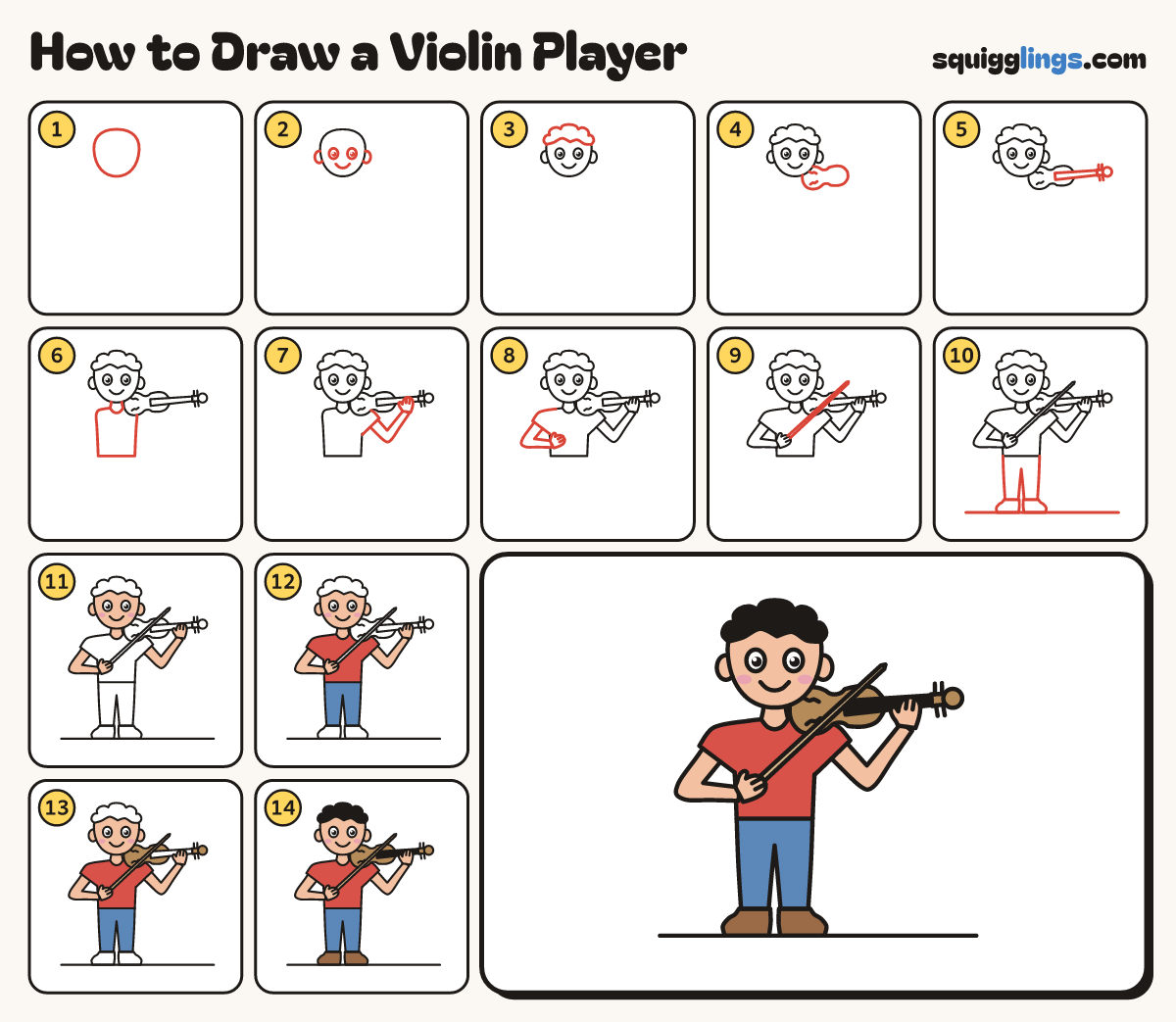 How to Draw a Violin Player step by step: all 14 steps in one picture