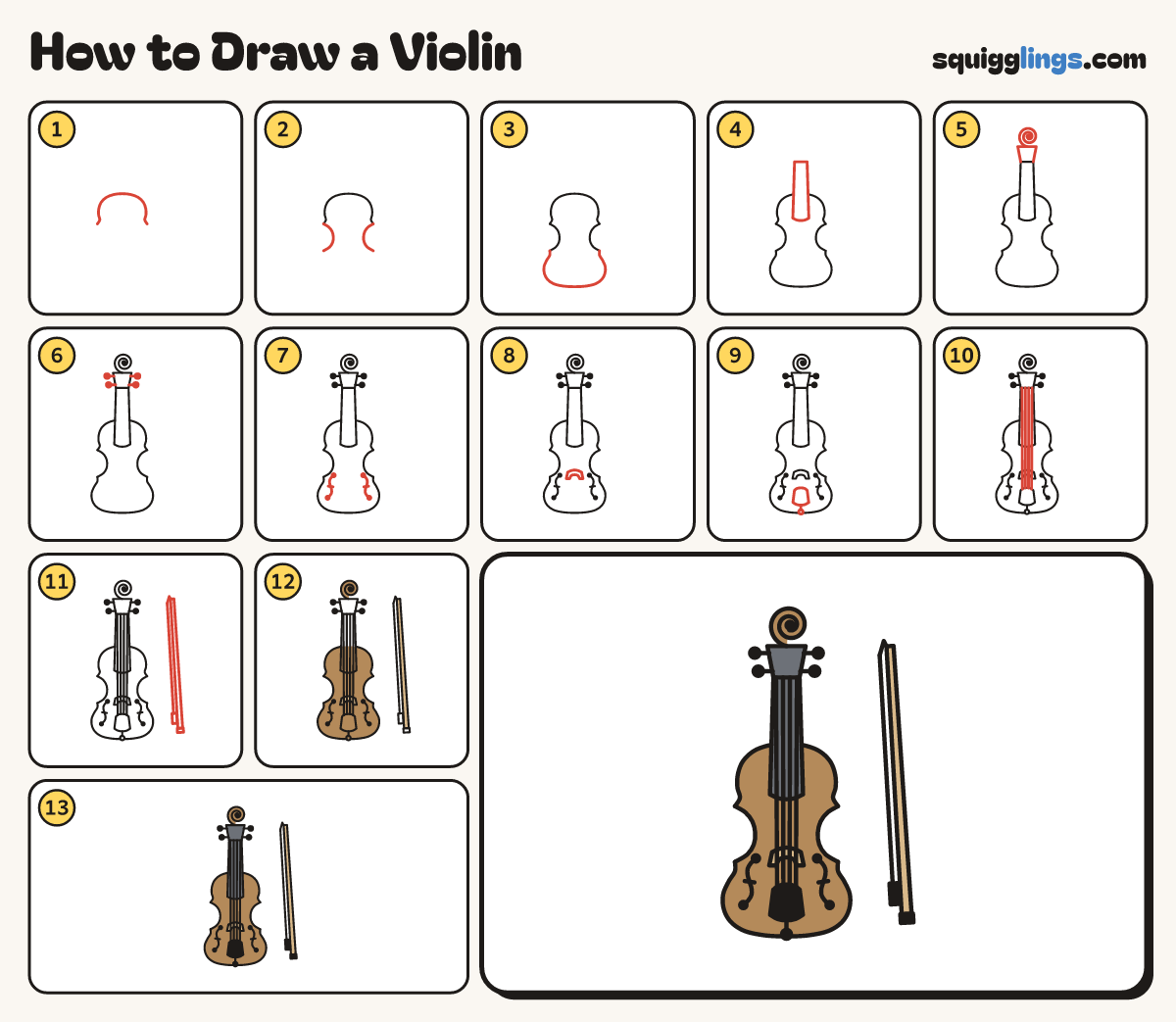 How to Draw a Violin step by step: all 13 steps in one picture
