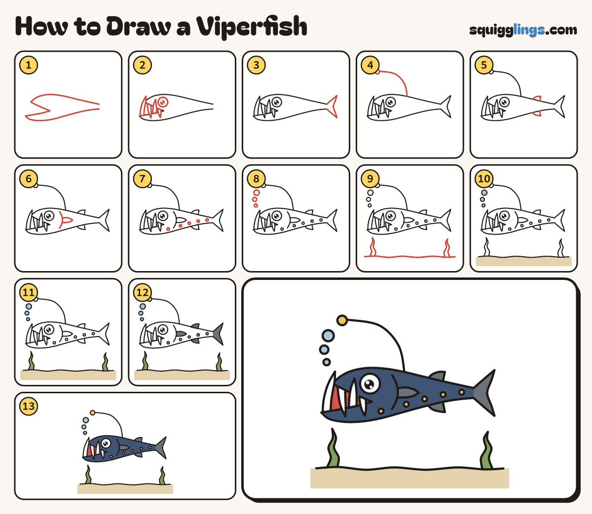 How to Draw a Viperfish step by step: all 13 steps in one picture