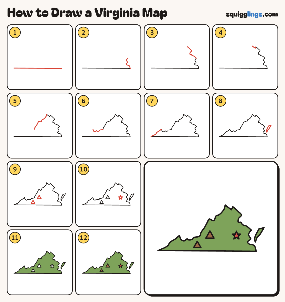 How to Draw a Virginia Map step by step: all 12 steps in one picture
