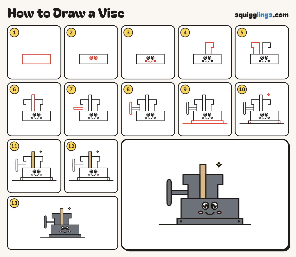 How to Draw a Vise step by step: all 13 steps in one picture