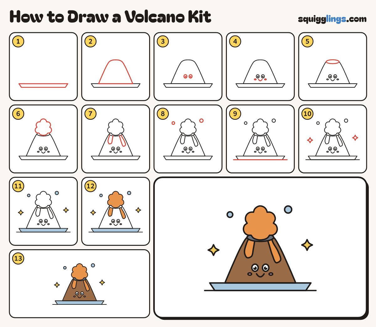 How to Draw a Volcano Kit step by step: all 13 steps in one picture