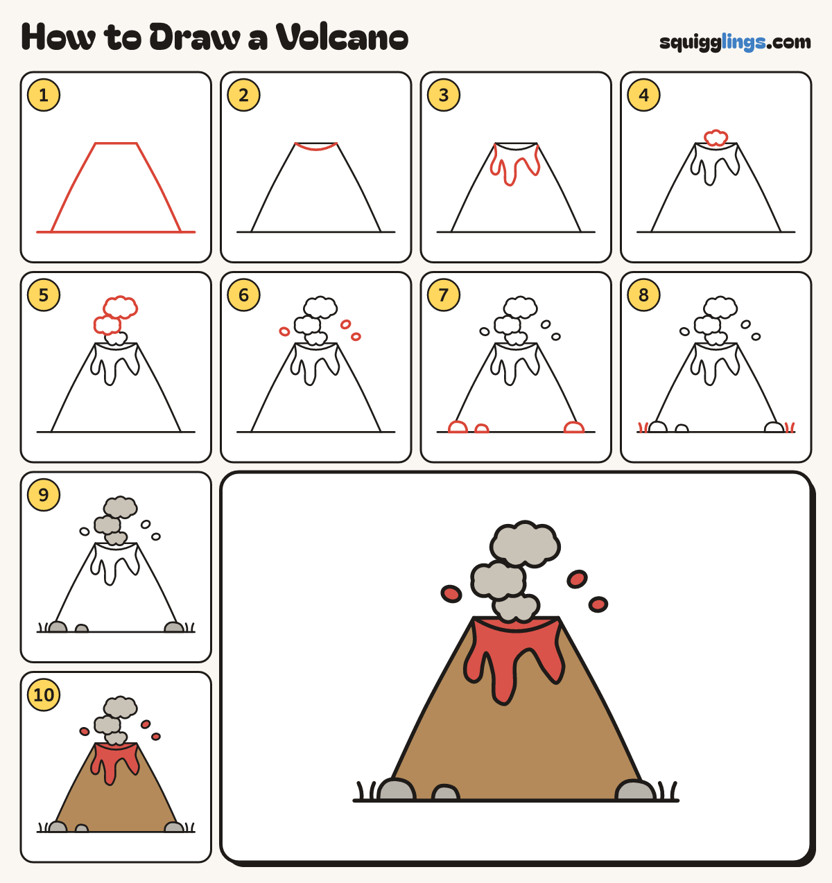 How to Draw a Volcano step by step: all 10 steps in one picture