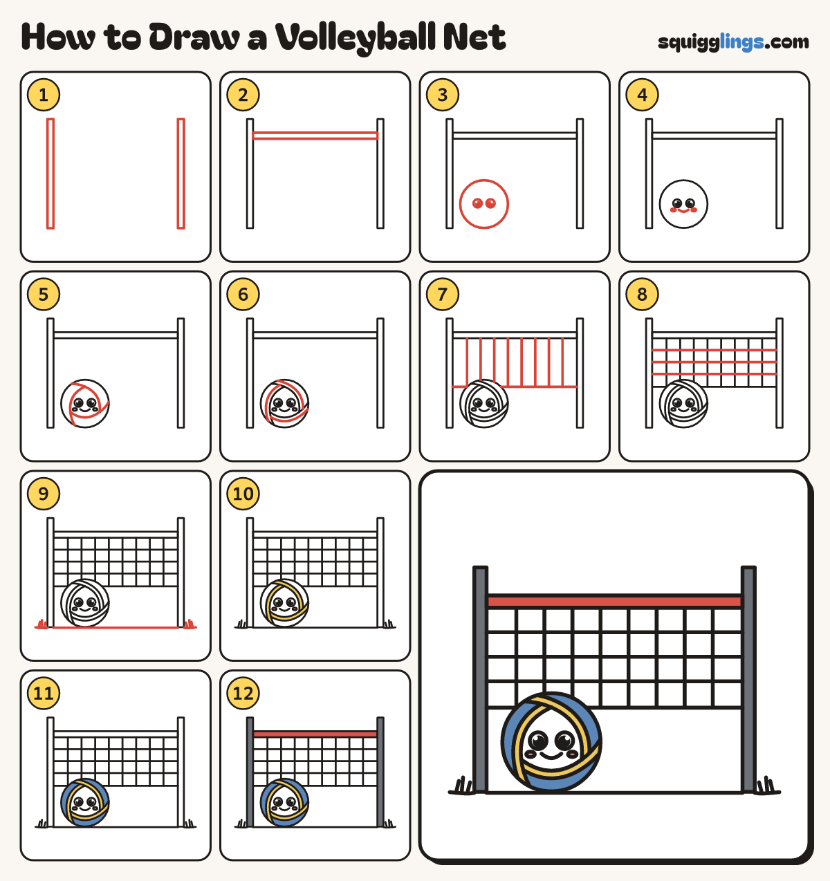 How to Draw a Volleyball Net step by step: all 12 steps in one picture