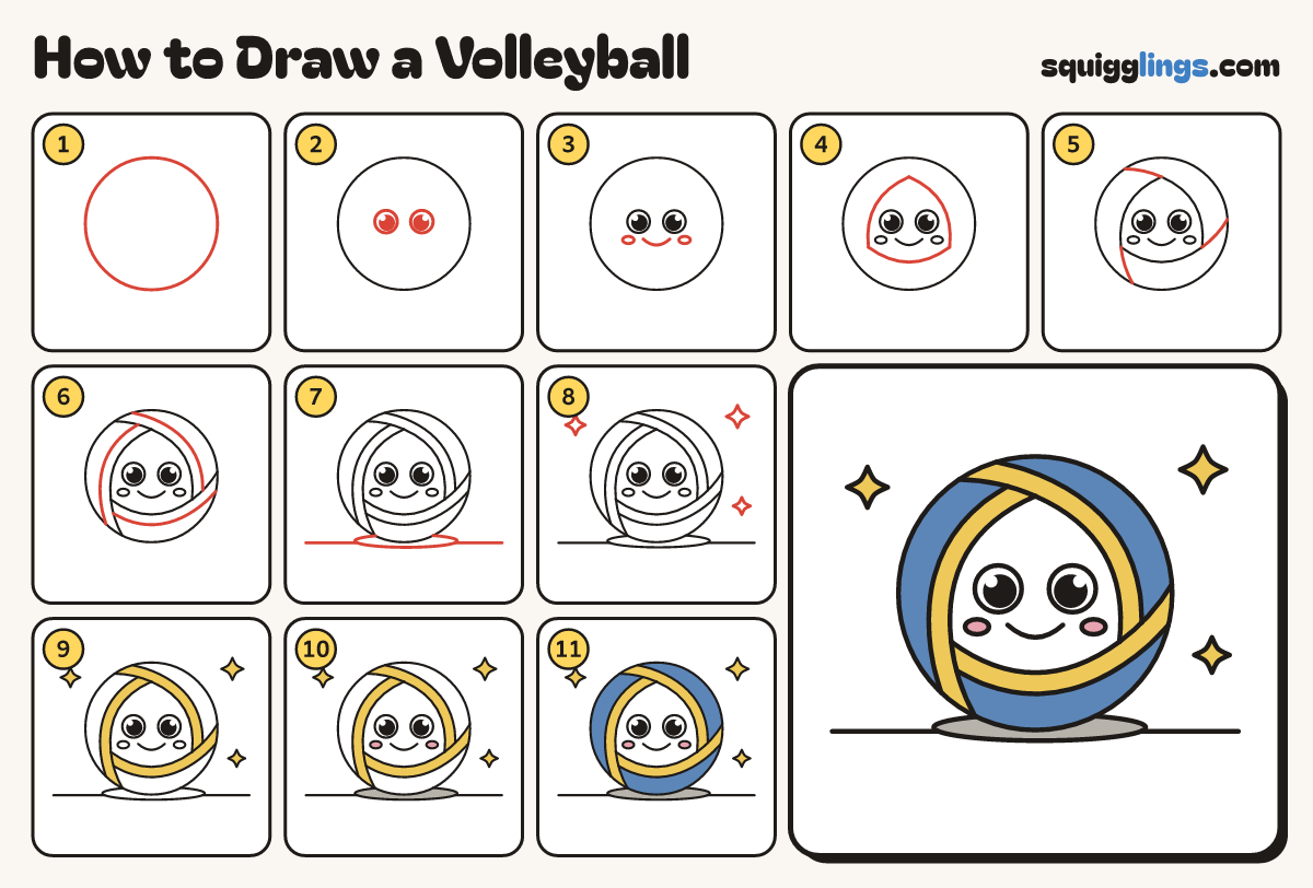 How to Draw a Volleyball step by step: all 11 steps in one picture