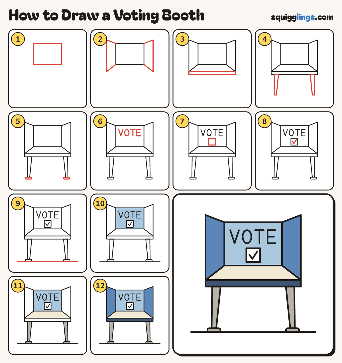 How to Draw a Voting Booth step by step: all 12 steps in one picture