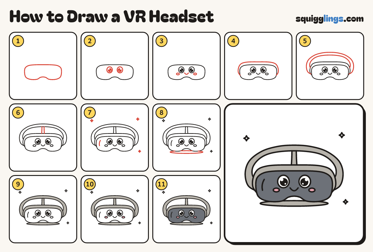 How to Draw a VR Headset step by step: all 11 steps in one picture