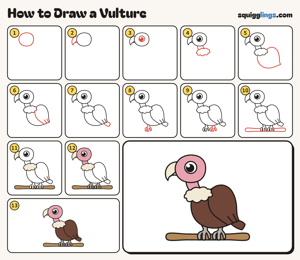 How to Draw a Vulture step by step: all 13 steps in one picture