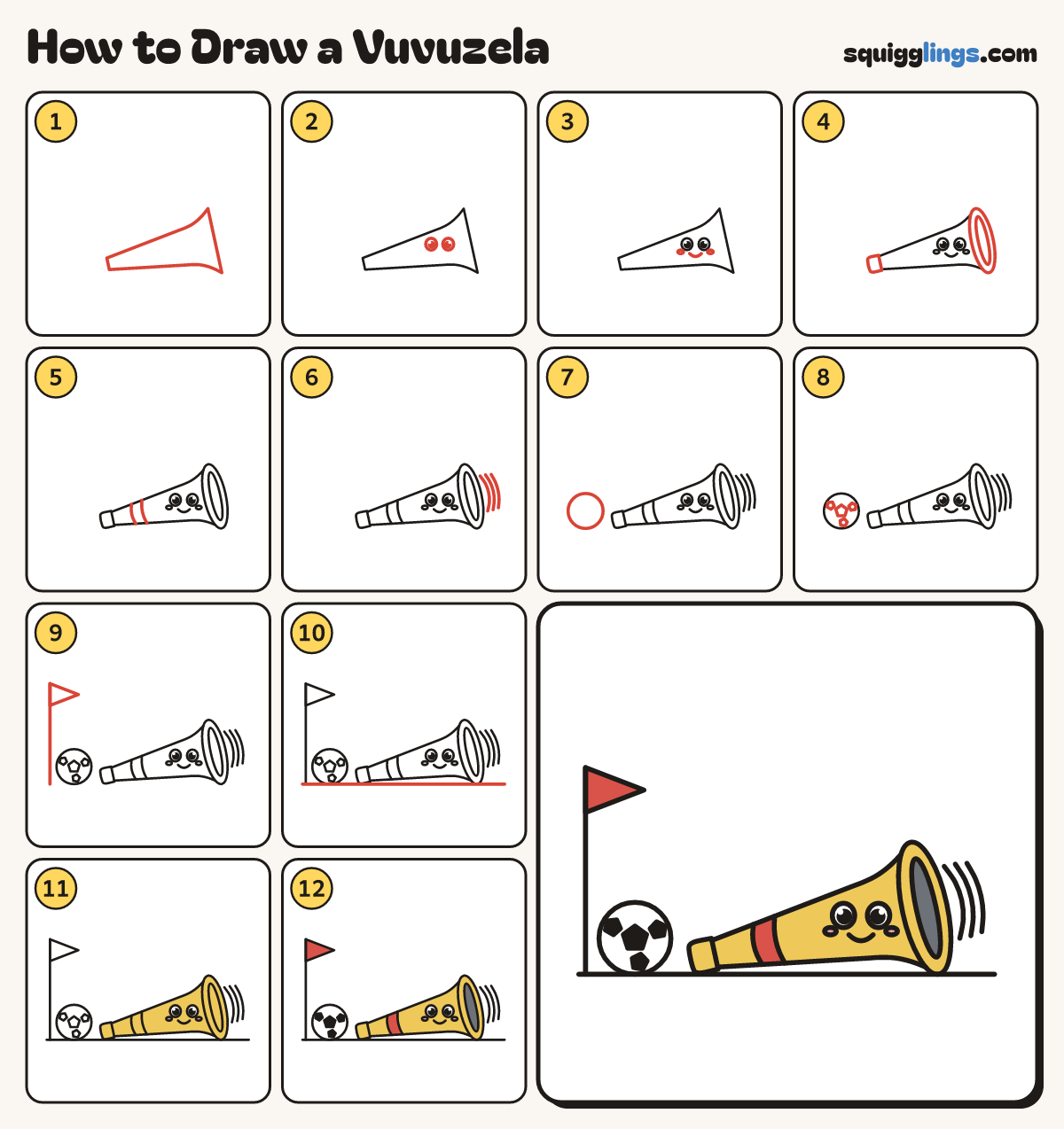 How to Draw a Vuvuzela step by step: all 12 steps in one picture