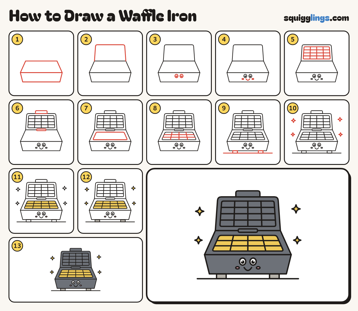 How to Draw a Waffle Iron step by step: all 13 steps in one picture