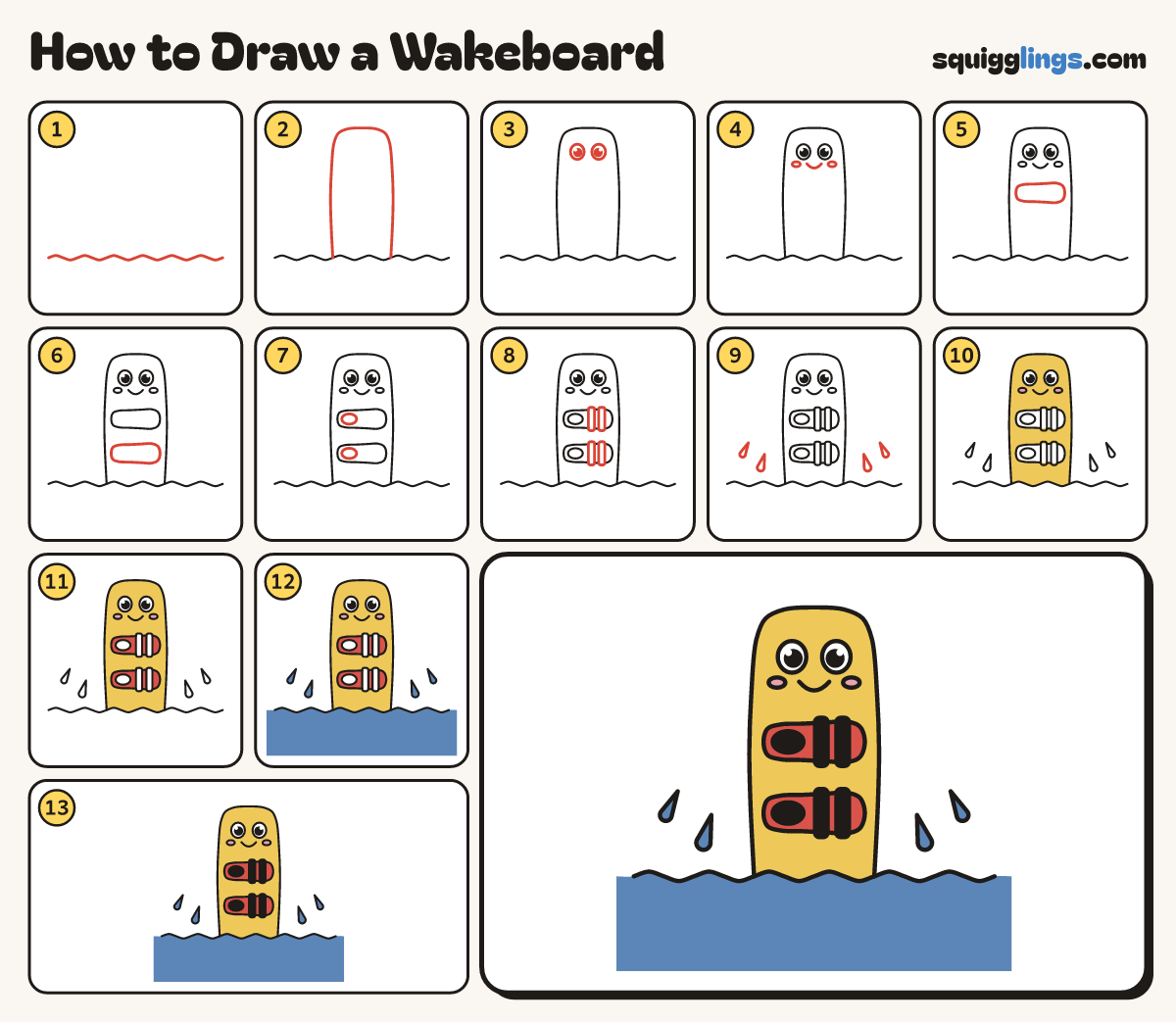 How to Draw a Wakeboard step by step: all 13 steps in one picture