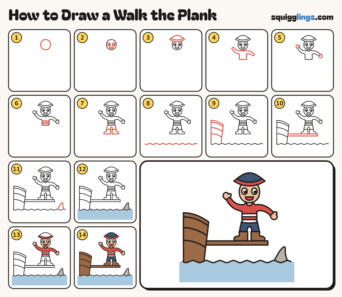 How to Draw a Walk the Plank step by step: all 14 steps in one picture