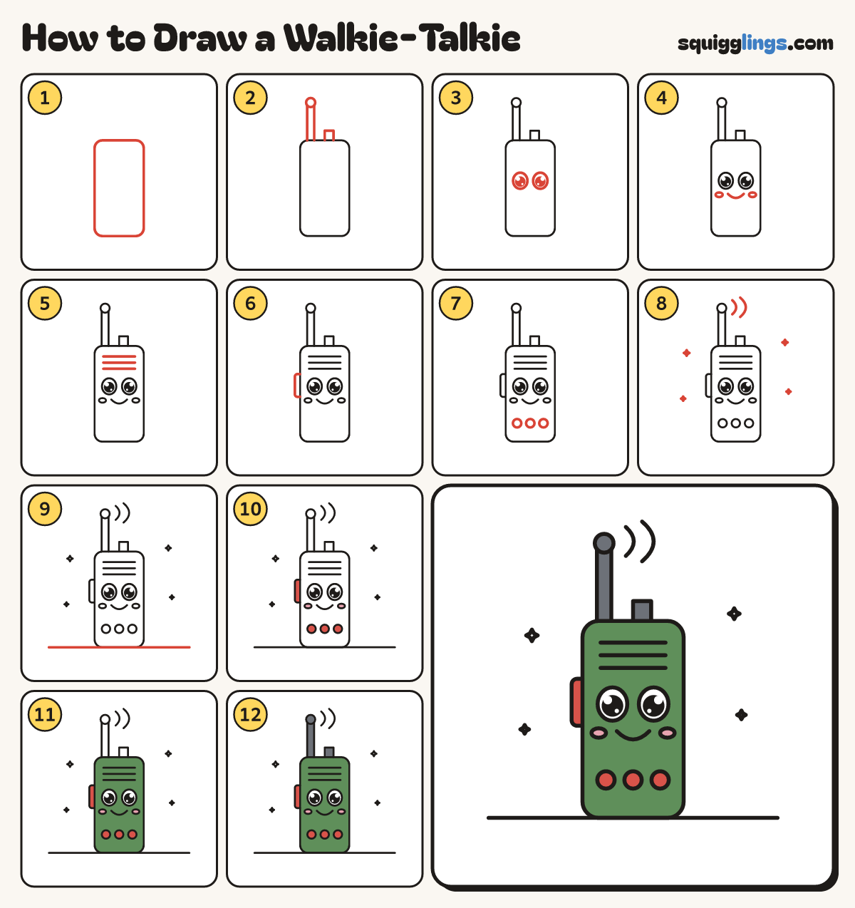 How to Draw a Walkie-Talkie step by step: all 12 steps in one picture