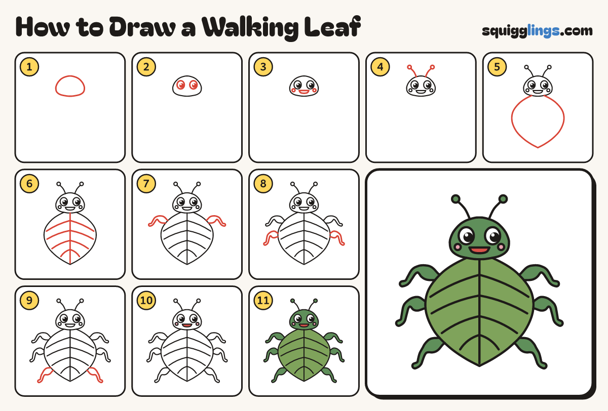 How to Draw a Walking Leaf step by step: all 11 steps in one picture