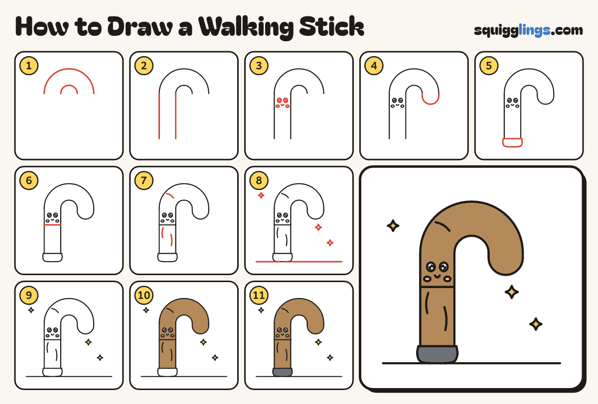 How to Draw a Walking Stick step by step: all 11 steps in one picture