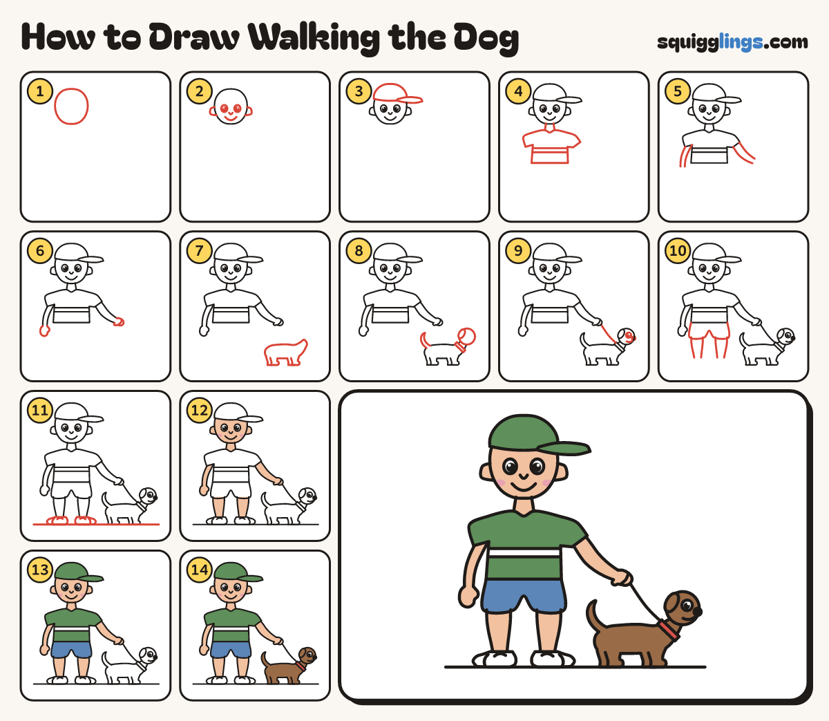 How to Draw Walking the Dog step by step: all 14 steps in one picture