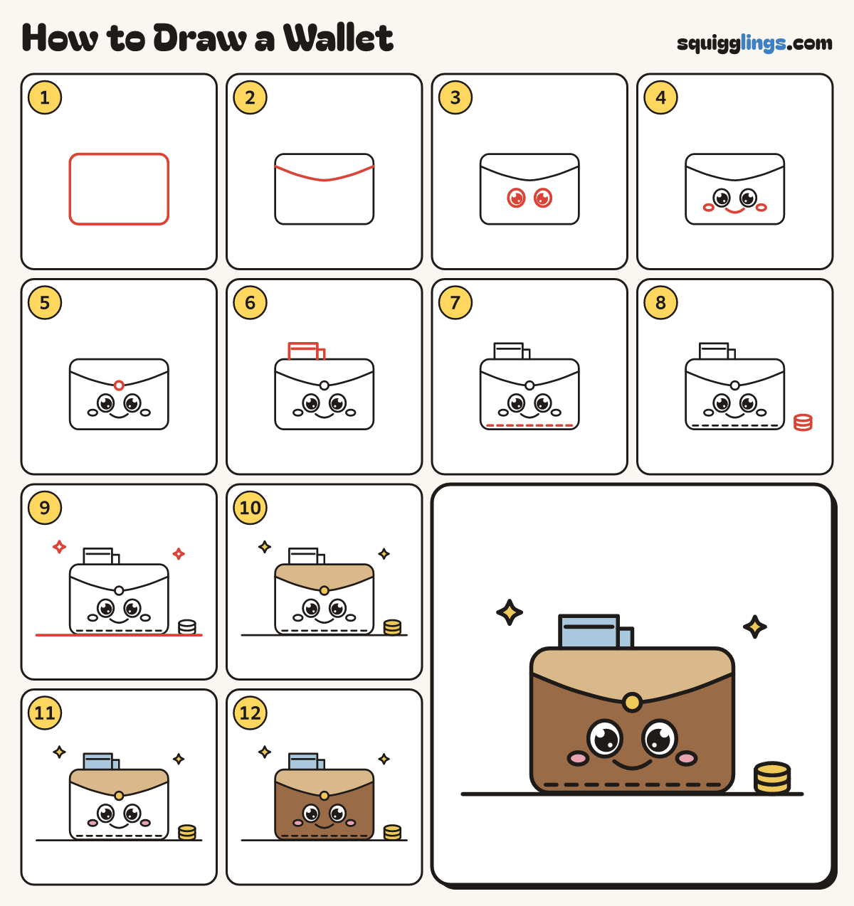 How to Draw a Wallet step by step: all 12 steps in one picture