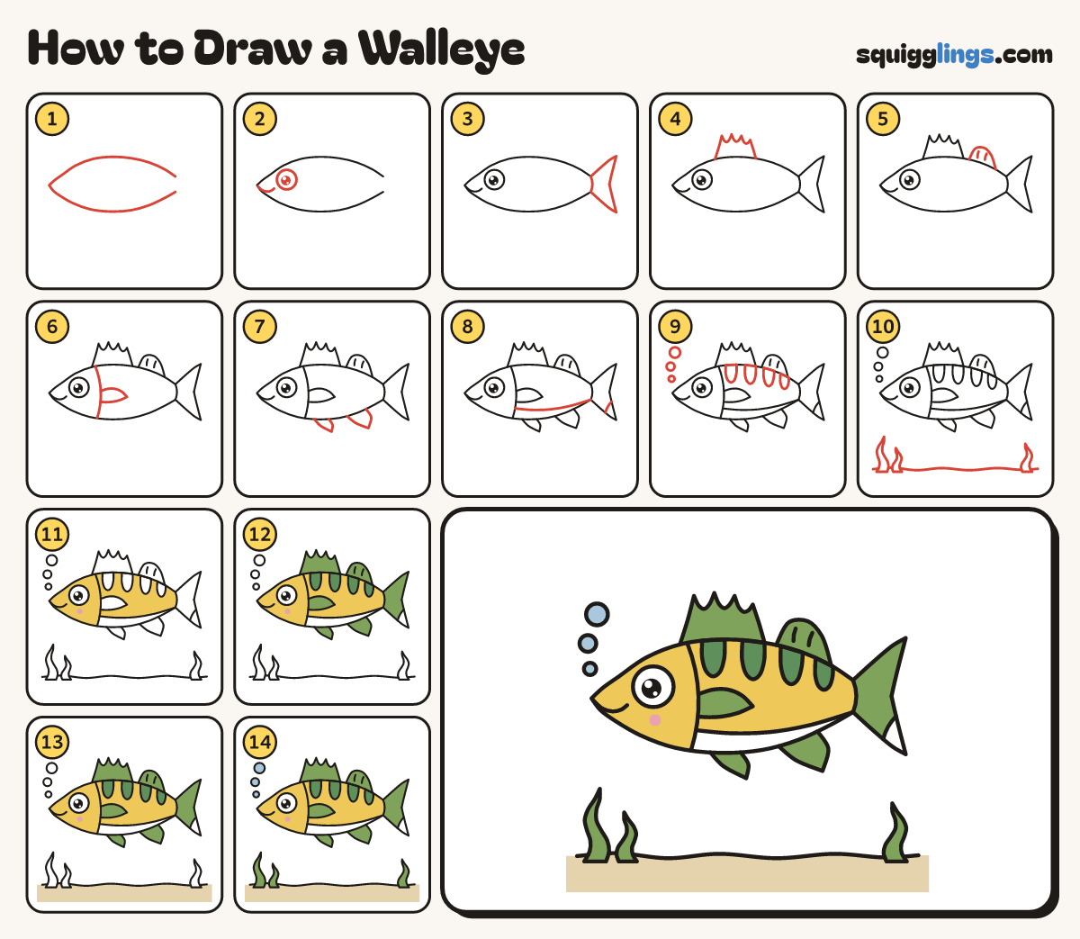 How to Draw a Walleye step by step: all 14 steps in one picture