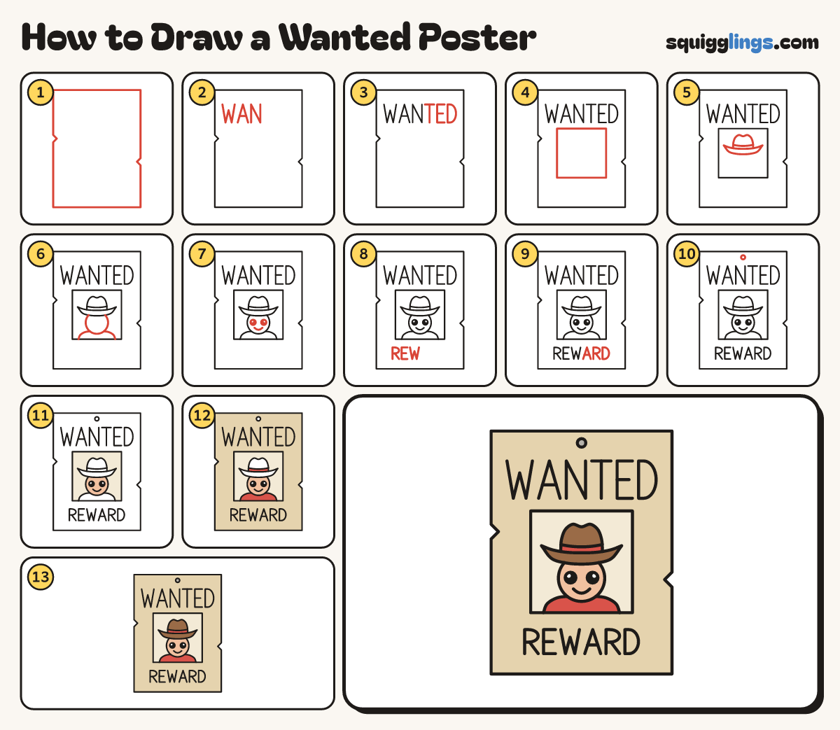 How to Draw a Wanted Poster step by step: all 13 steps in one picture