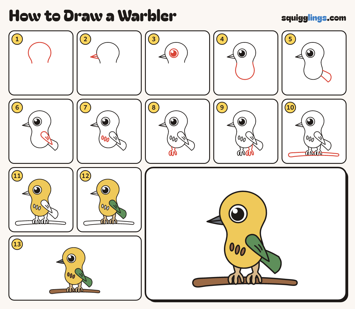 How to Draw a Warbler step by step: all 13 steps in one picture
